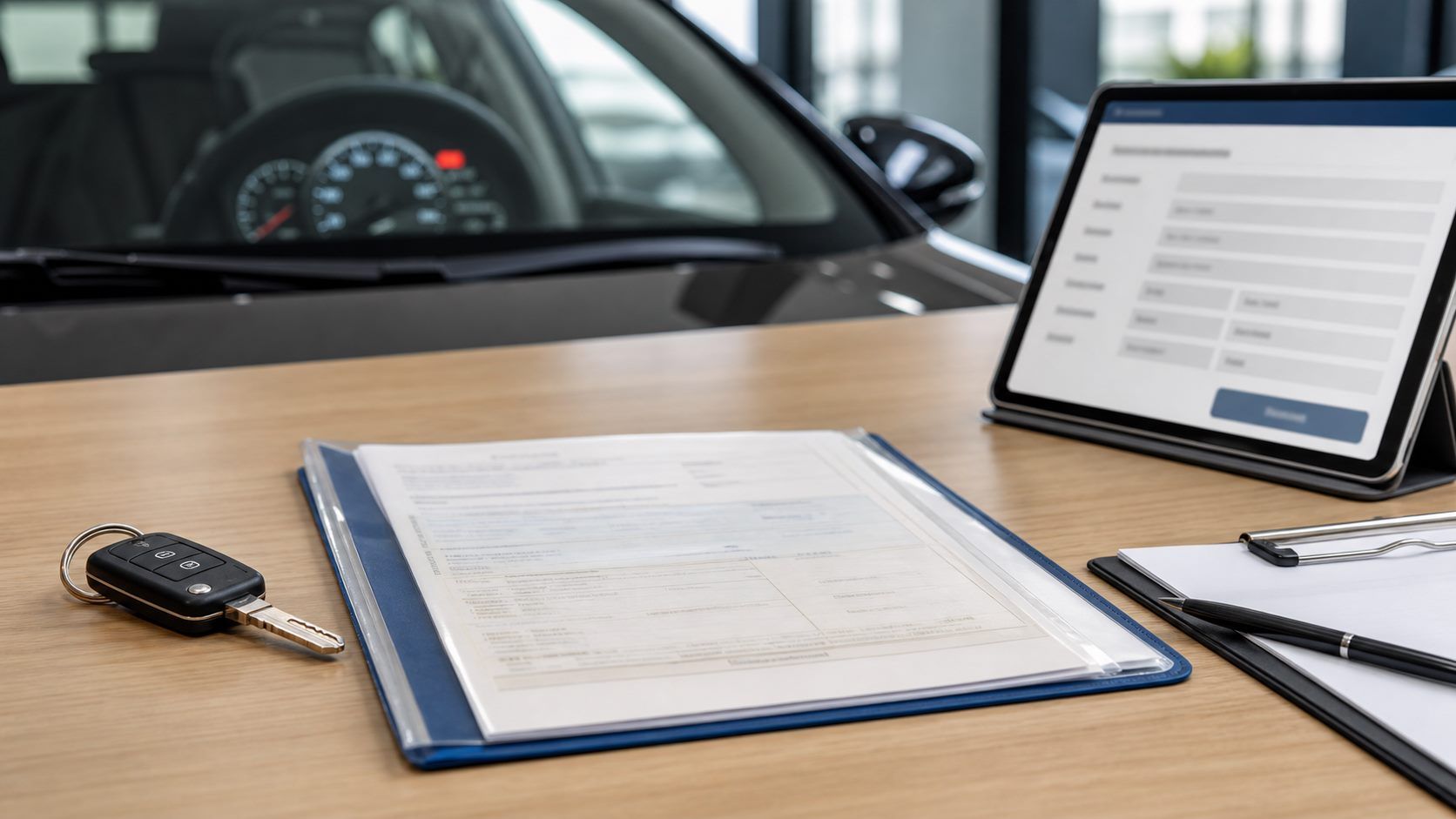 Documents et clé de voiture préparés pour estimer une voiture non roulante