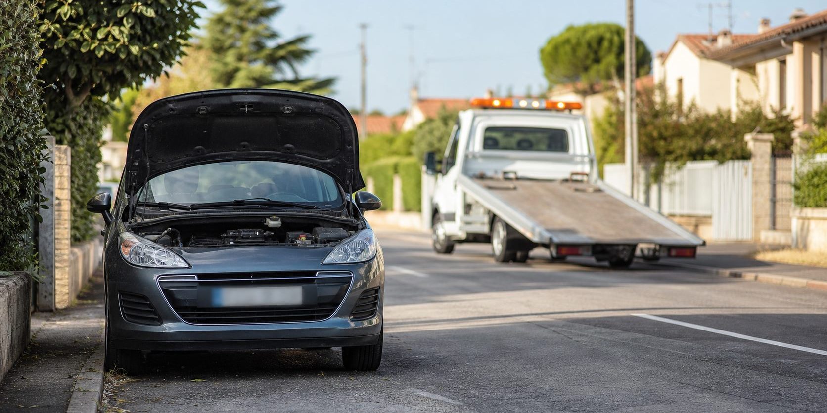 Voiture en panne avec capot ouvert avant estimation de rachat claire