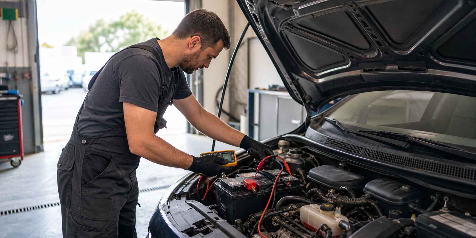 Mécanicien contrôlant la batterie d'une voiture avec panne électrique