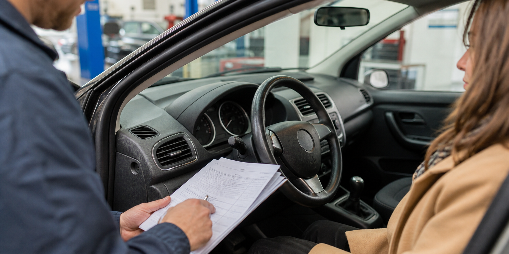 Conseiller examinant l'entretien d'une voiture fort kilométrage avant rachat