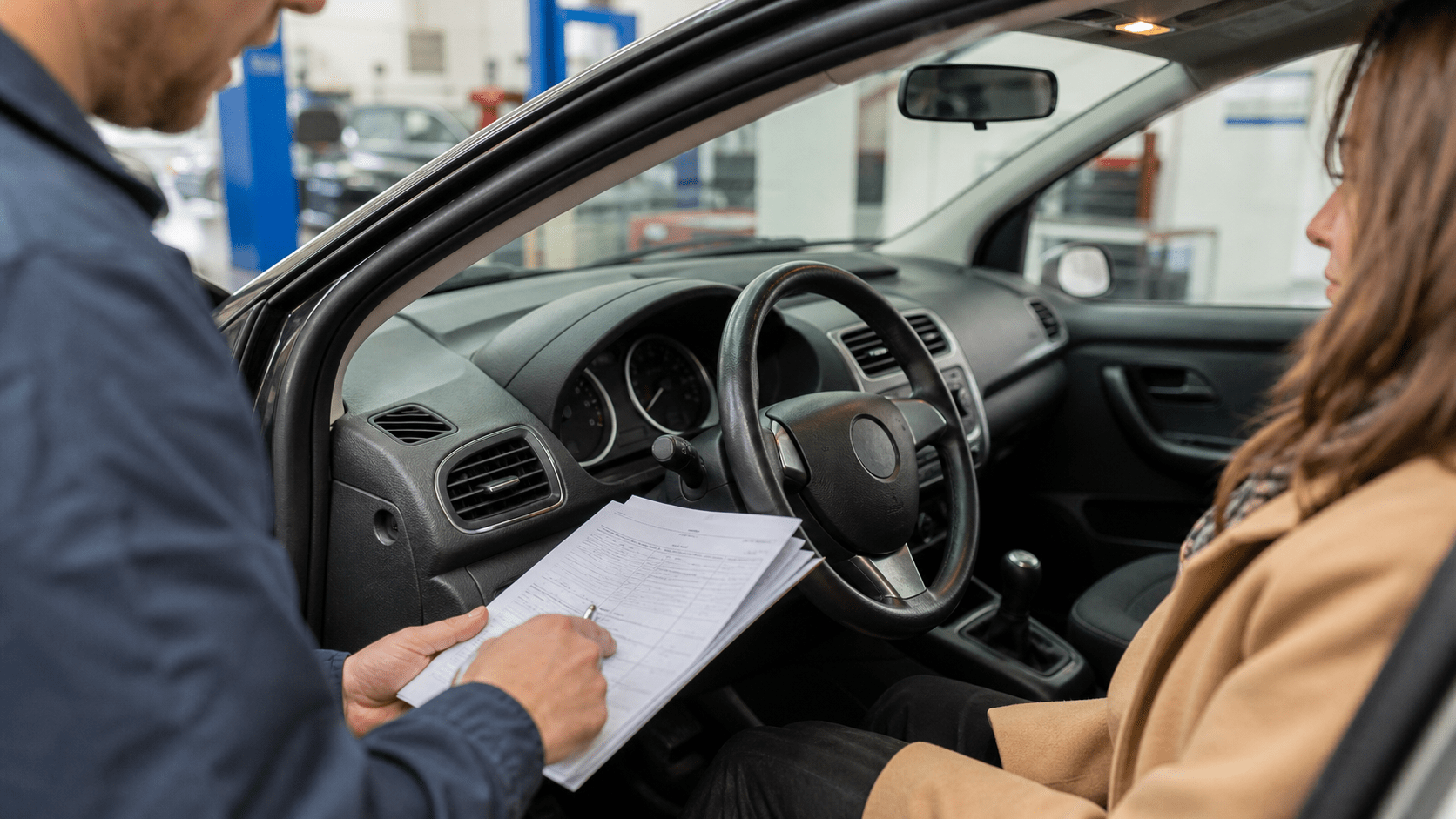 Conseiller examinant l'entretien d'une voiture fort kilométrage avant rachat