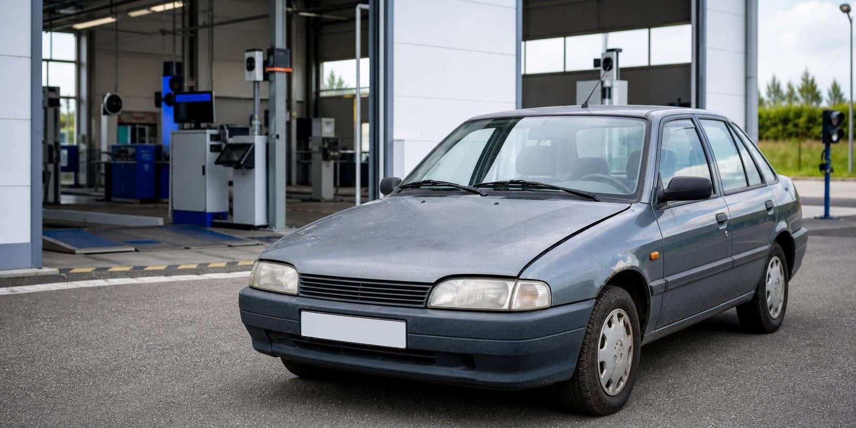 Voiture HS devant un centre de contrôle technique avant rachat professionnel