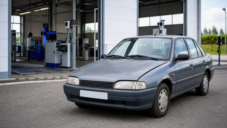 Voiture HS devant un centre de contrôle technique avant rachat professionnel