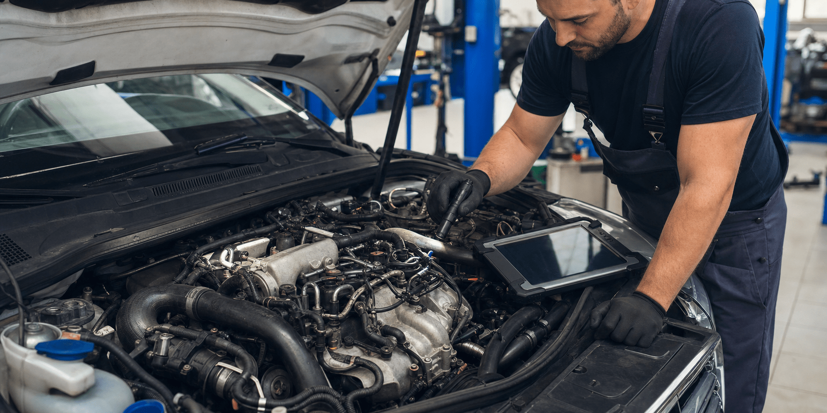 Mécanicien inspectant un moteur diesel avant rachat d'une voiture en panne