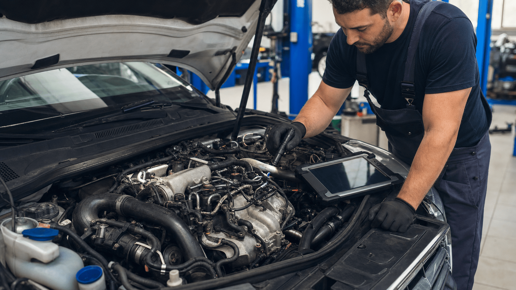 Mécanicien inspectant un moteur diesel avant rachat d'une voiture en panne