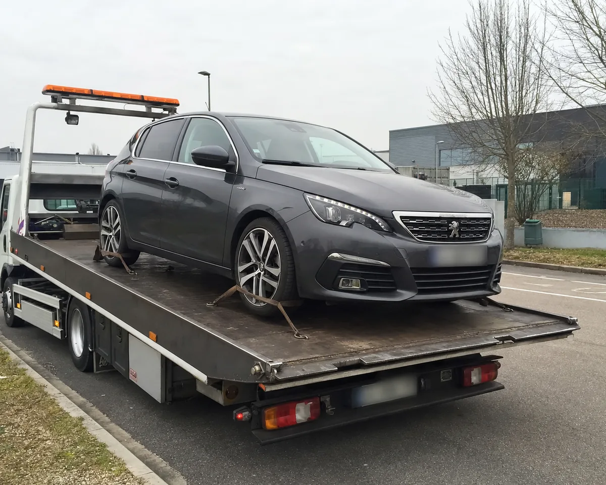 Peugeot 308 en panne transport&eacute;e sur d&eacute;panneuse