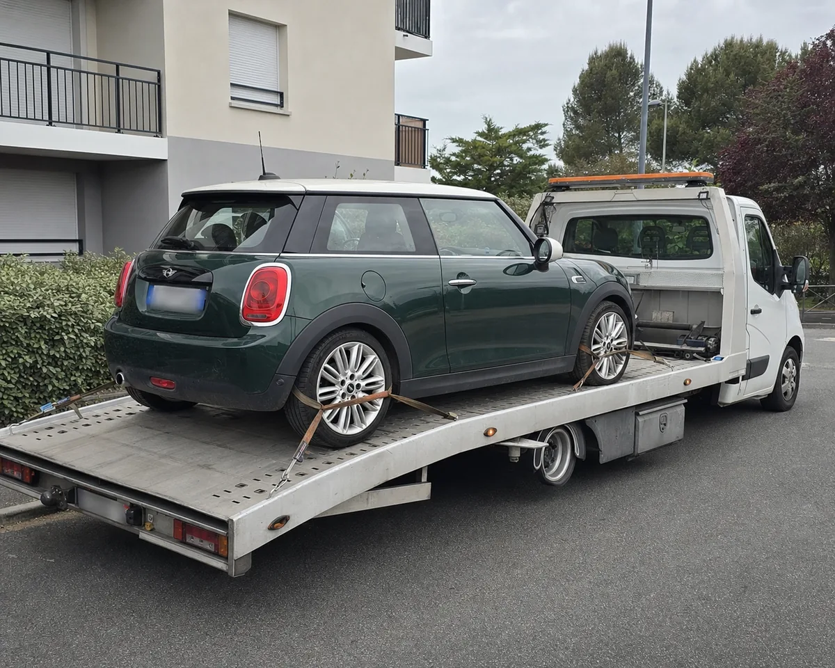 MINI Cooper en panne sur une d&eacute;panneuse