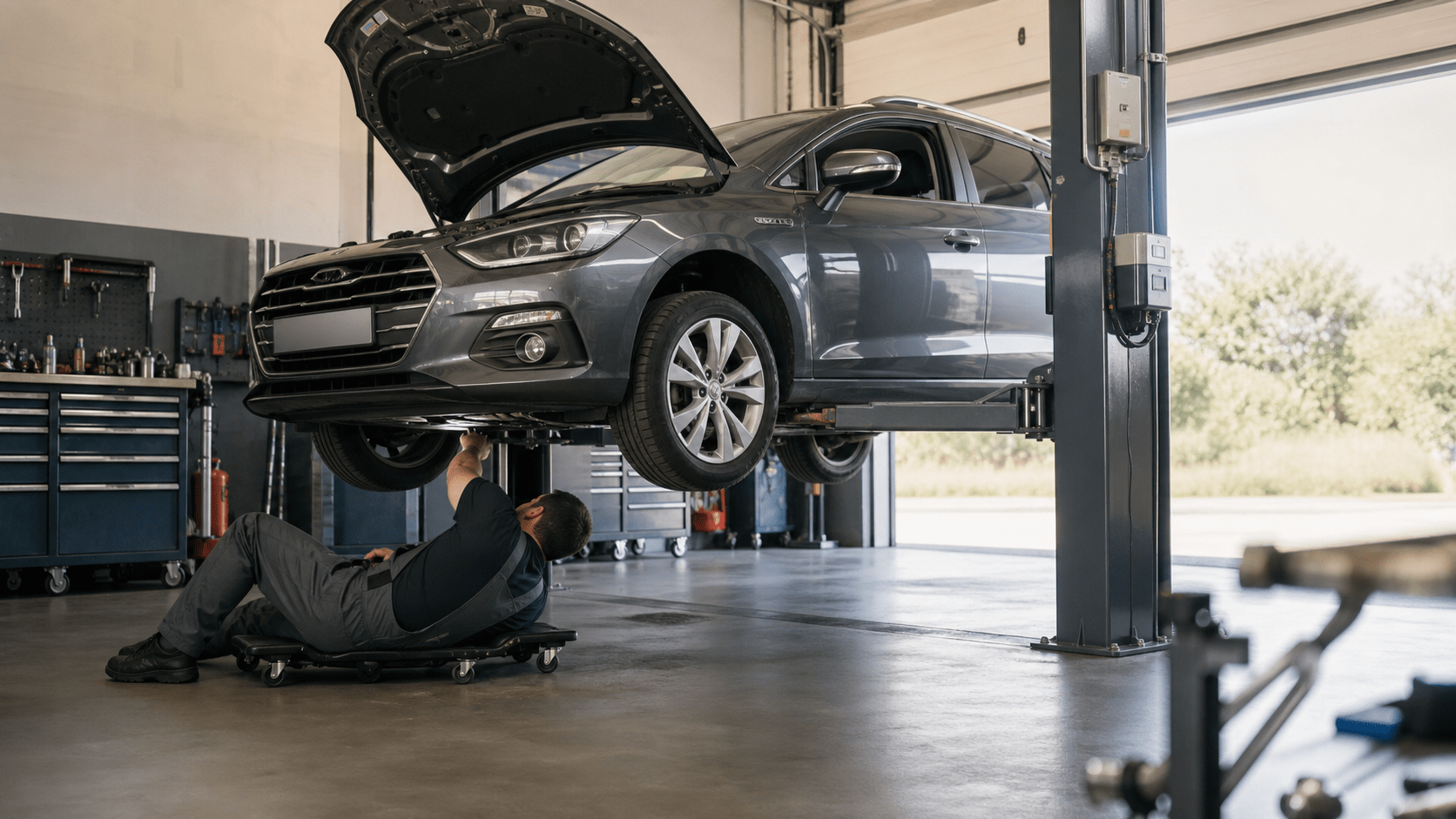 Voiture avec boîte automatique HS inspectée dans un garage avant estimation et rachat