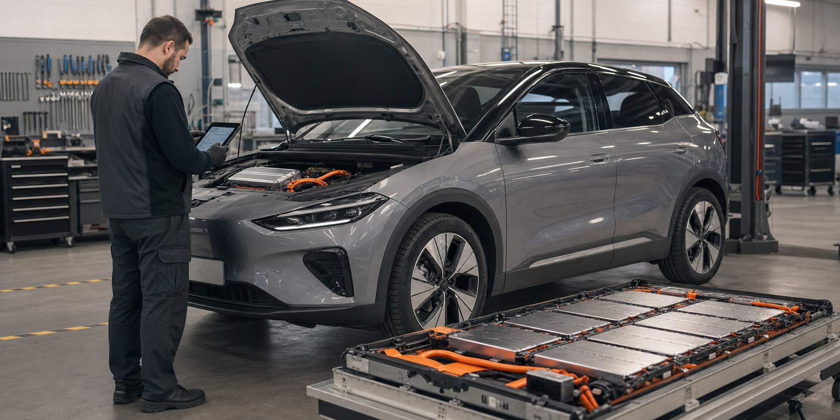 Voiture électrique avec batterie de traction HS en cours de diagnostic dans un atelier spécialisé