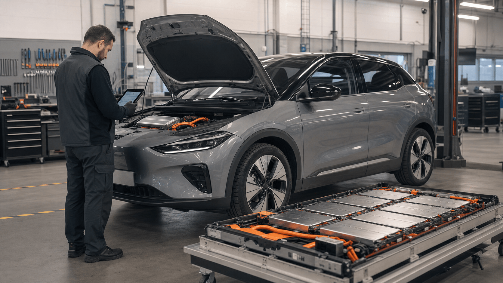 Voiture électrique avec batterie de traction HS en cours de diagnostic dans un atelier spécialisé