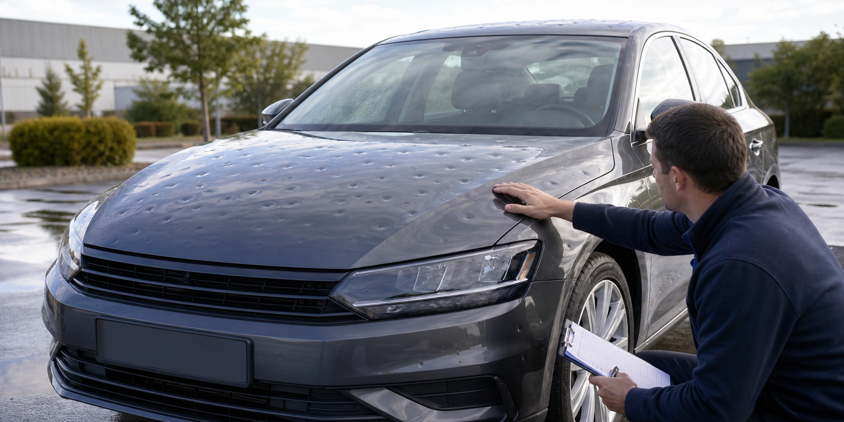 Voiture grêlée avec impacts sur le capot examinée par un professionnel avant estimation