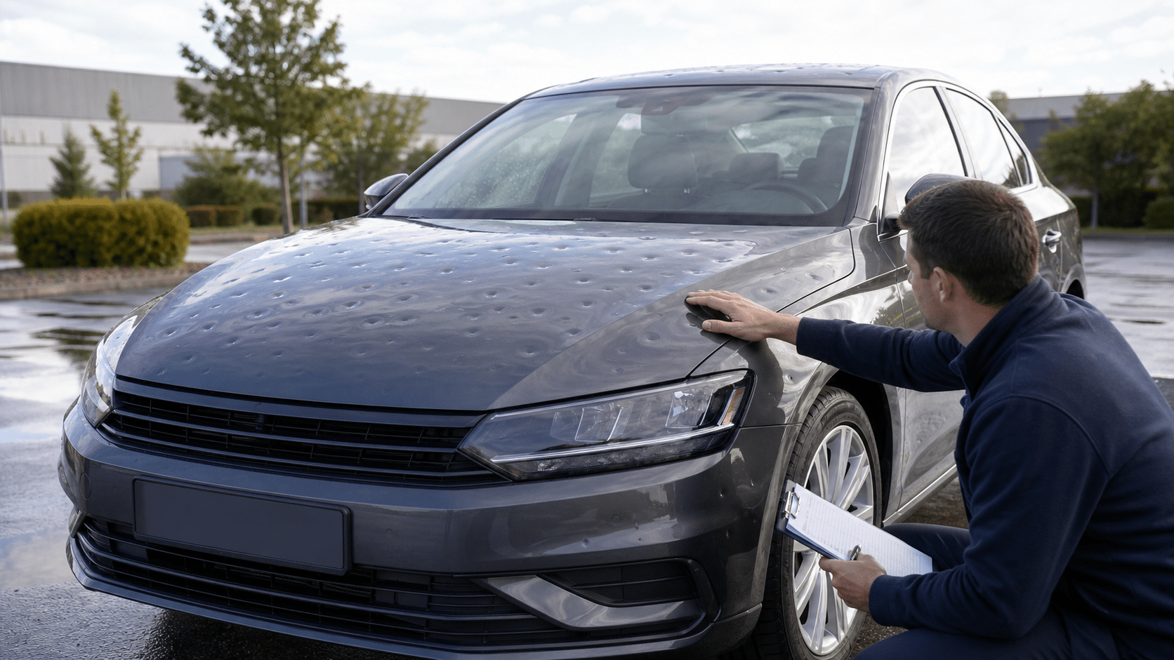 Voiture grêlée avec impacts sur le capot examinée par un professionnel avant estimation